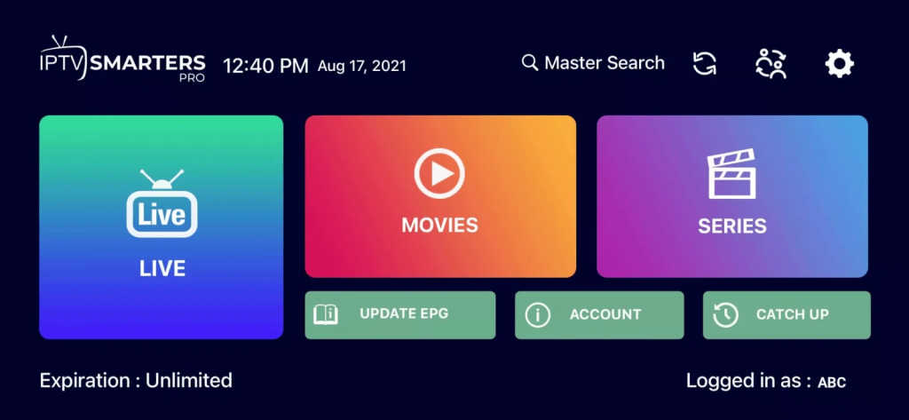 IPTV Smarters Pro Dashboard showing Live TV, Movies, Series, and Install EPG